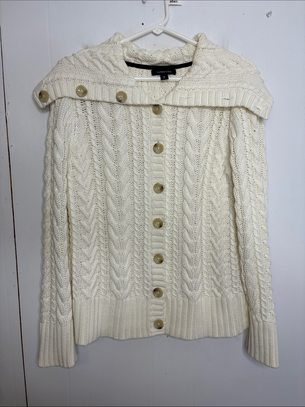 Lands End Sweater Womens Medium Cableknit Button Up Cardigan Fisherman Shawl